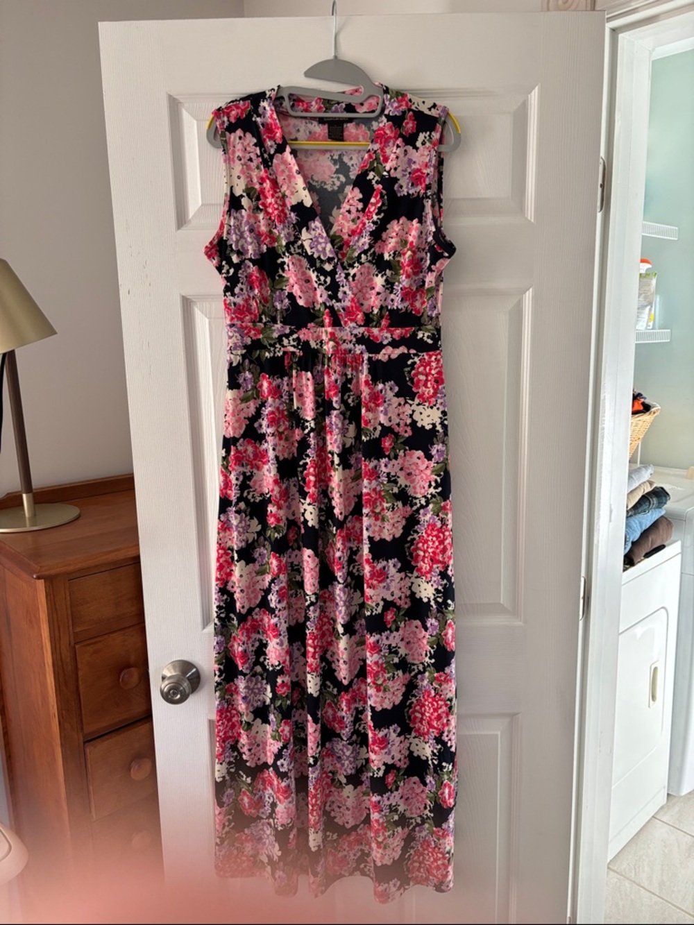 Susan Lawrence Black Floral Maxi Dress with Pink and Purple Blooms